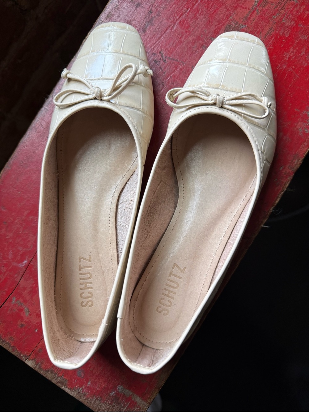 Schutz Arissa Classic Cream Croc-Embossed Ballet Flats - Picture 3 of 6